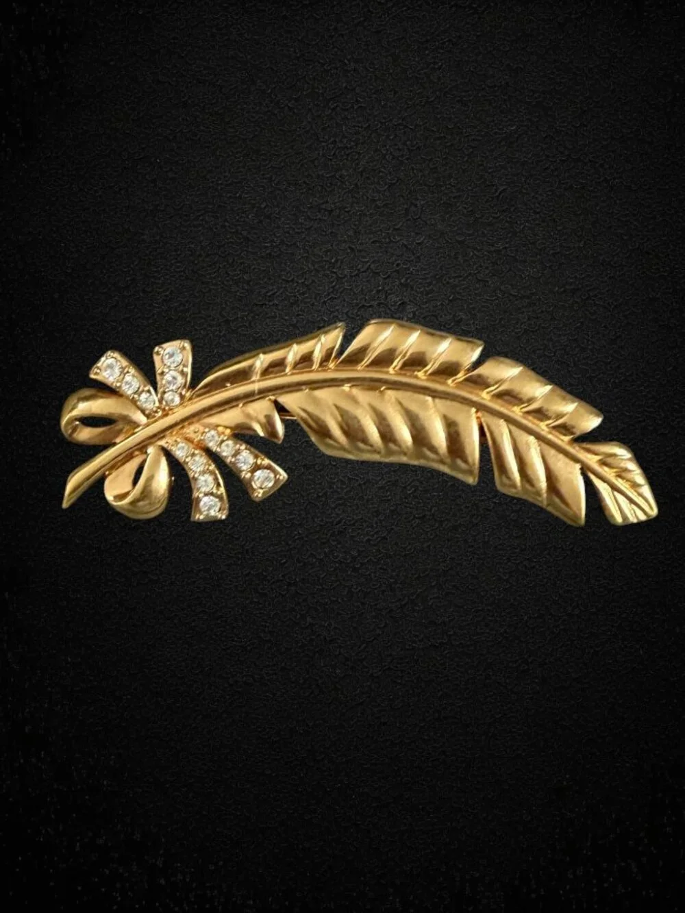 Vintage Monet Gold Leaf Brooch Rhinestone Bow Floral Pin Statement 80s Chic